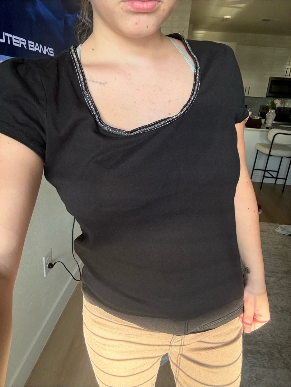 Route 66 Black Short Sleeve Scoop Neck Tee with Contrast Trim